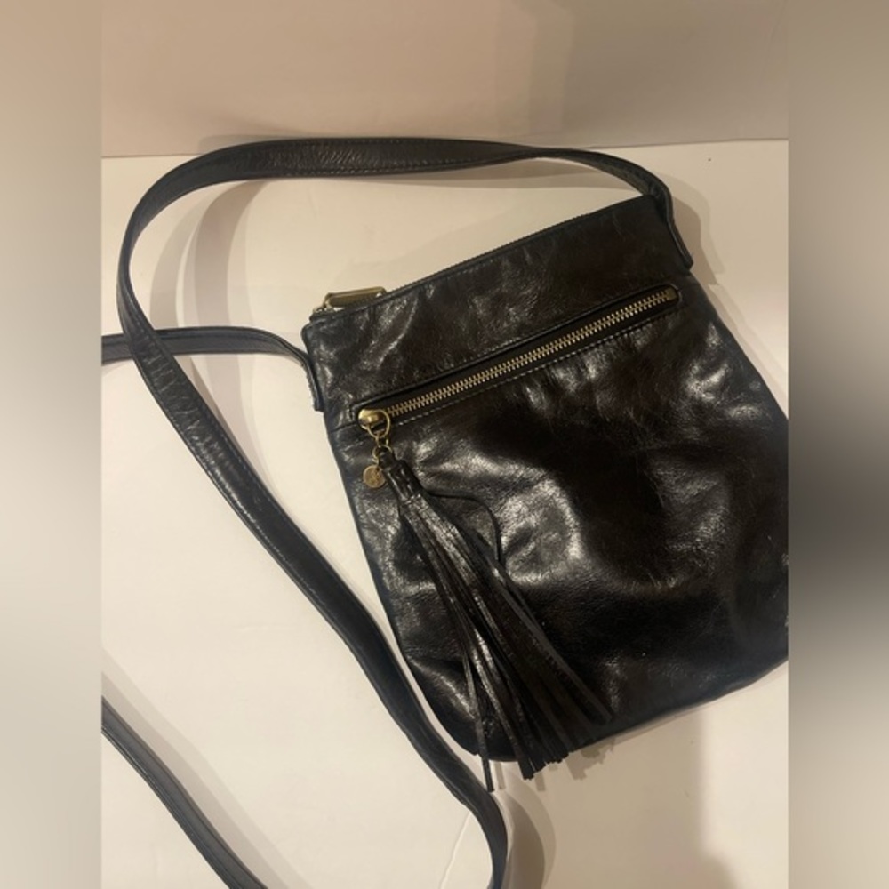 HOBO Vintage Black Shiny‎ Distressed Leather Crossbody Bag